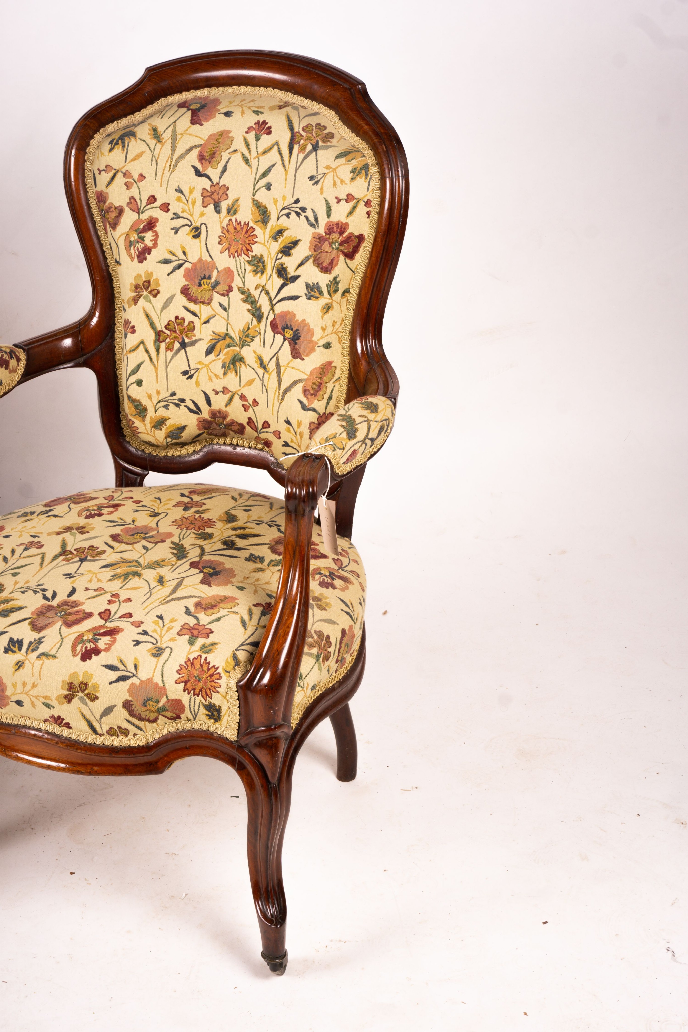 A pair of French mahogany framed open armchairs, width 60cm, depth 50cm, height 100cm